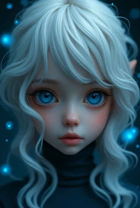 A lively girl who can only be seen half of her face with wavy white hair and whose background is black and has blue droplets 