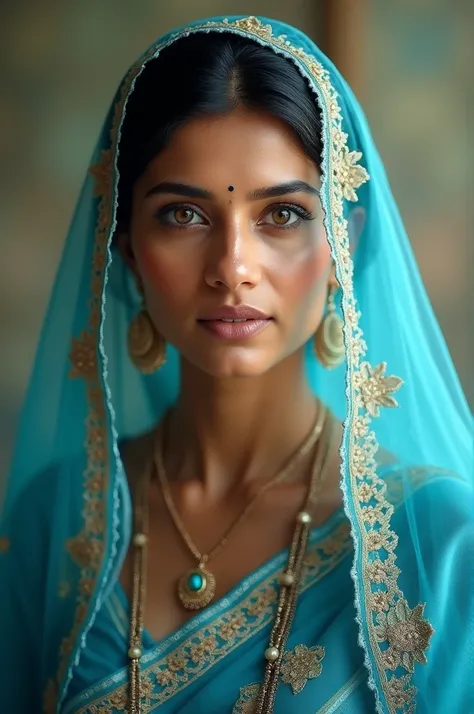 indian woman wearing a beautiful blue sari and glowing skin 