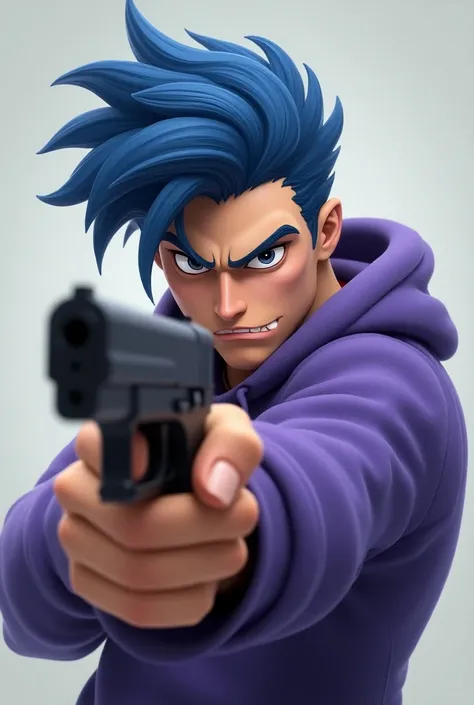 Male character with Disney-style Sigma face with gun in hand and blue hair and purple sweatshirt