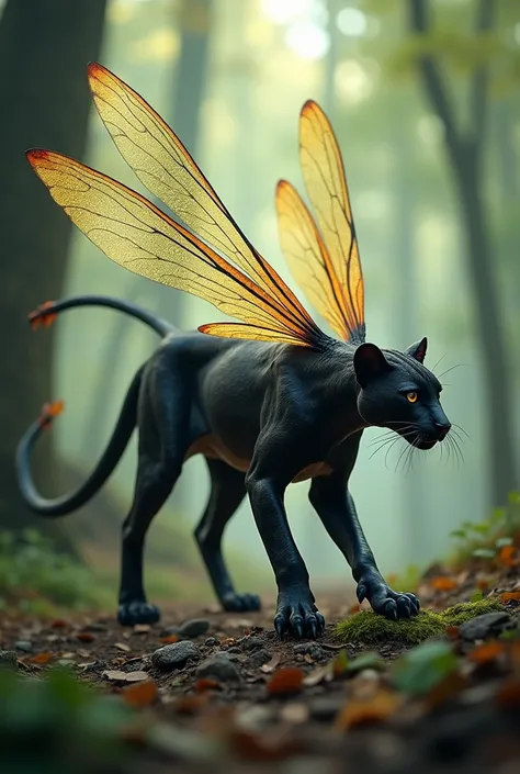 The tail of the creature is longer than a normal panther’s, segmented like a dragonfly’s, sleek and flexible, ending in a sharp, barbed point that could be used to strike at prey or enemies. The creature moves gracefully, effortlessly blending the silent, ...