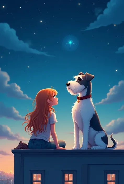  creates a very beautiful illustration of a young woman and a dog sitting on the top floor of a building, looking at the sky together and full of love .  The sky must be starry with an intense blue as in the universe and very beautiful and special .  The y...