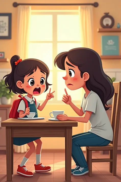 卡通绘画
The mother sits at the dining table, looking worried. Her daughter arrives home from school, smiling excitedly as she sits down beside her mother.)

**Daughter**  
Mom! Today we learned something really interesting in school which I think this knowled...