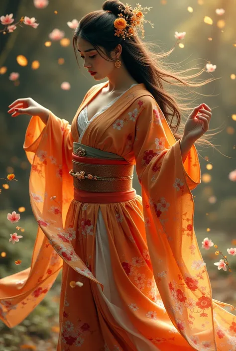 Sexy beauty dancing in a splendid Japanese kimono、Earth、Gold is falling 、flower、Alluring、Black Hair