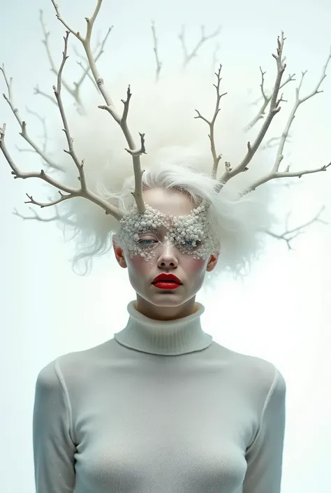  The image is characterized by A person with a similar appearance has appeared ,  featuring a high-collared sweater and a unique hairstyle .  The persons hair is white 、 arranged to look like tree branches ,  gives the impression that natural elements are ...