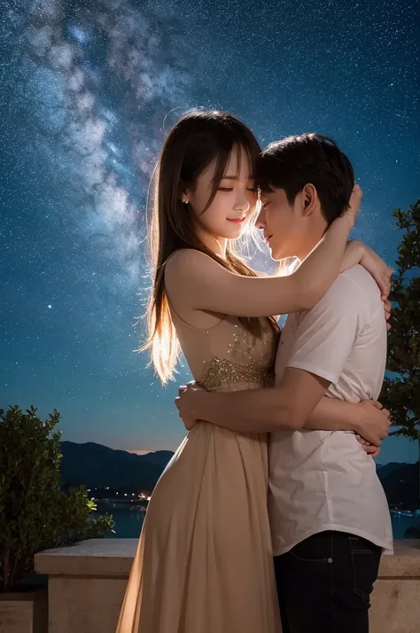  male and female couples、Hugs、 Romantic Atmosphere 、 starry sky 