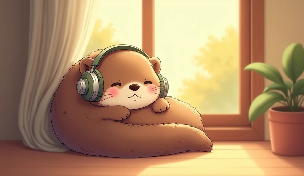 A cute otter sleeping by a sunlit window, wearing headphones cute detailed digital art, anime art wallpaper 4 k, anime art wallpaper 4k, pc wallpaper, high quality wallpaper, high quality desktop wallpaper, hd wallpaper, lofi art, anime visual of a cute ot...