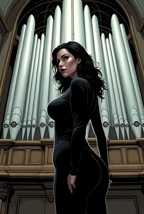 In comic book style, make a Mystery Woman turn around slightly while standing in front of a white organ in a church 