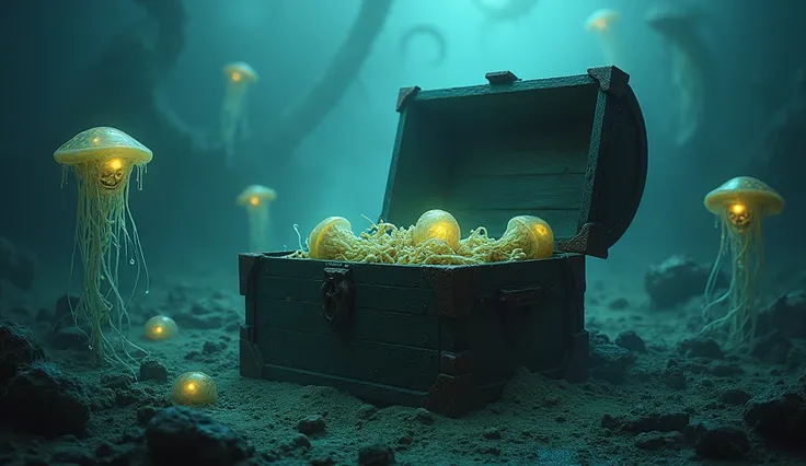 ""An ancient, rusted pirate chest, partially open and surrounded by eerie, glowing sea creatures—strange, translucent jellyfish with skeletal, human-like faces, and ghostly, serpent-like beings that slither through the dark waters. The chest is filled with...