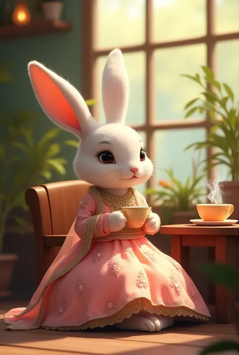 Bunny in pastel-colored lehenga, enjoying tea at a café.