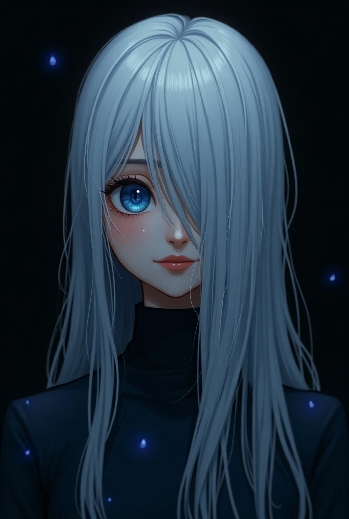 A lively girl who can only be seen half of her face with straight white hair whose background is black and has blue drops but less lively 