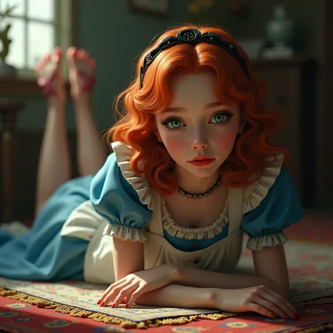 (1 very young cute Alice in Wonderland), medium curly red hair, elegant, very beautiful, detailed face, detailed eyes, psychedelic, in a victorian house, very realistic, fringes, very green eyes, cozy atmosphere, serious face, red lipstick, laying on the f...