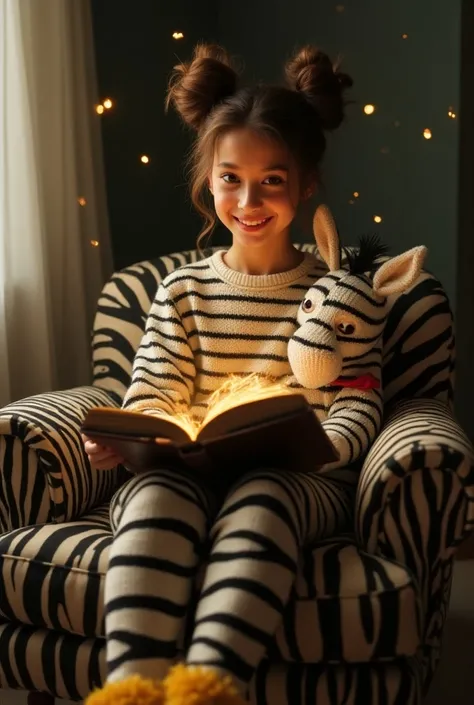 A Pakistan-korean young beautiful woman fair skin with vividly brown hair pulled in two huge buns. Her face has fair skin and pink shinny lips smile facing to the camera . is sitting on a zebra print armchair and reading an old magical fairy tale book. The...