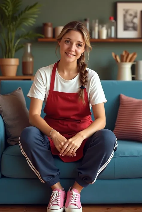   A Mexican woman of about 35 years old  , light skin,   brown hair with blond highlights tied in a single ponytail .   She wears a white short-sleeved t-shirt  ,   navy blue sweatpants with white stripes on the sides ,  red kitchen apron  ,   fits pink co...