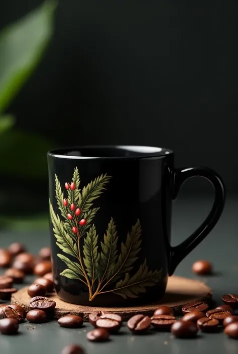 Design a black mug for a coffee brand called Cesar Luis with coffee plants and coffee beans 