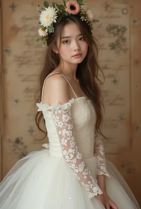 Image of Ala Fed in a white lace dress with Leonardo da Vinci&#39;s notebooks in the background, A stunningly young and elegant person, Magical Girl Portrait, Portrait of a Young Witch girl, wearing steampunk clothing, Musician girl in lace clothes, Natali...