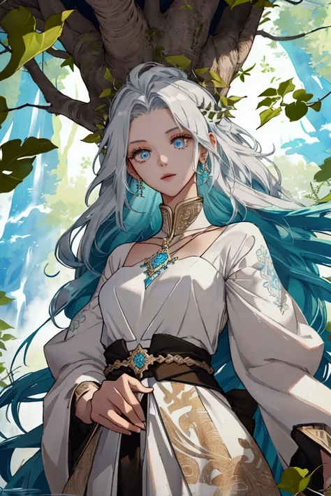 The wind whispers gently among the leaves of Yggdrasil,  The towering giant tree of life sustains nine worlds .  Between its winding roots and its branches clawing at the sky , Aella  melangkah dengan anggun.  Her long silver hair flutters in the wind ,  l...