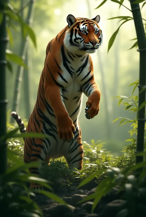 A tiger stands with two legs above a bamboo