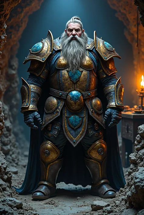 homme roux de 30 ans en armure de bronze lourde incrusté dobsidienne bleu nuit encre de chine, dans une mine éclairé par des lanterne à huile de mine, RPG, DND, Dark Fantasy, Médiéval, Sourcil broussailleux, air paternel, cheveux long et bouc immense allan...