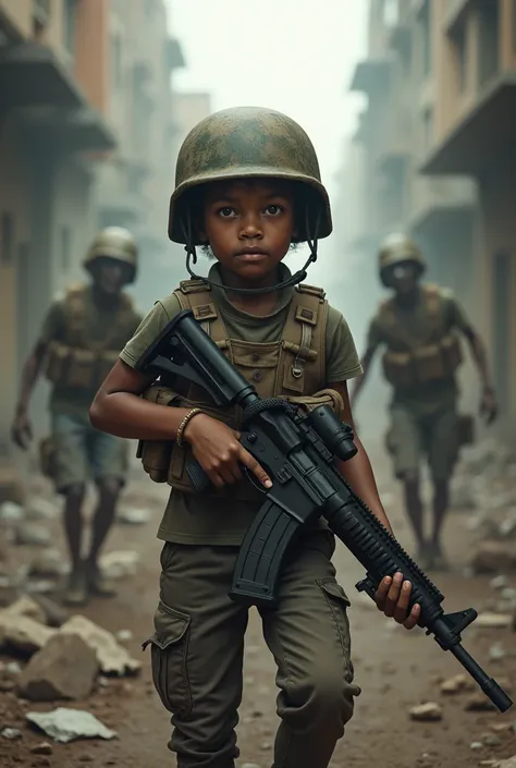 Boy from Solomon Islands light skin not so curly hair wearing a military vest and helmet holding a gun in a zombie apocalypse 
