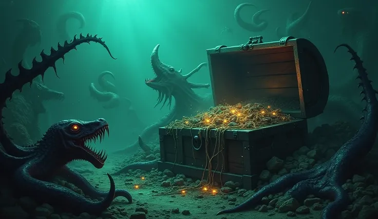 "An abandoned pirate chest lies half-submerged in the shadowy depths of the ocean, its contents spilling out—decayed treasures and skeletal remains. Around it, deadly, grotesque sea creatures with long, jagged teeth and glowing, malevolent eyes drift throu...