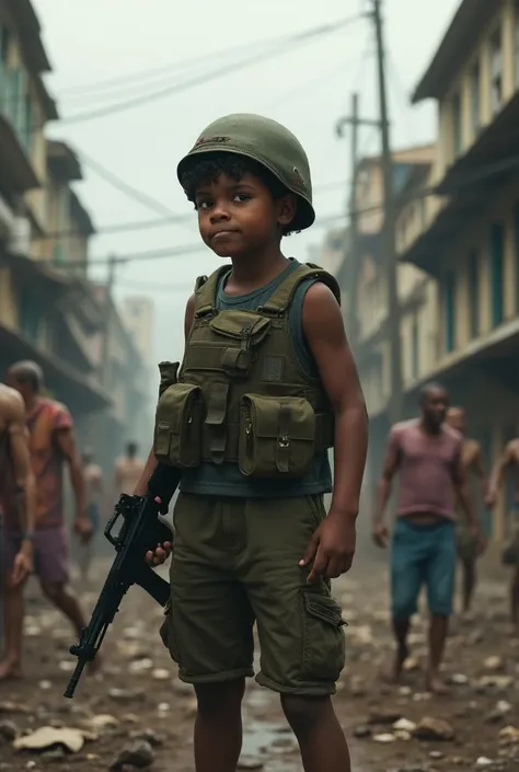 Boy from Solomon Islands light skin not so curly hair wearing a military vest and helmet holding a gun in a zombie apocalypse 
