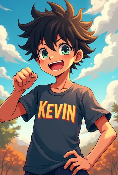 An anime character with the name of Kevin on his shirt