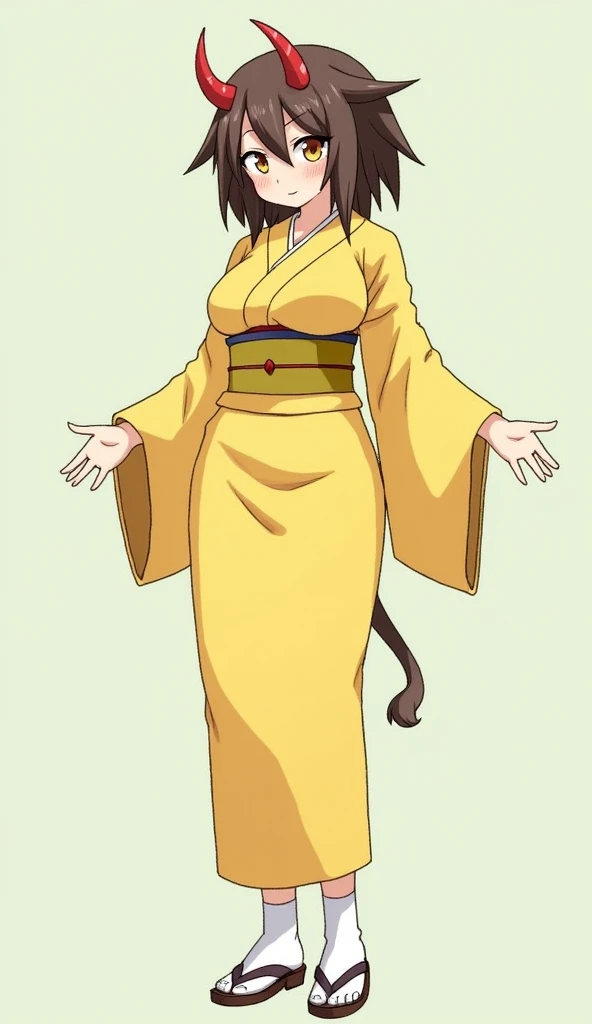 score_9, score_8_up, score_7_up, 1girl, Ookami(Isekai:slow_life), oni, oni horns, large breasts, tall, brown hair, bangs, yellow eyes, pointy ears, japanese clothes, yellow kimono, long sleeves, below view, sandals, zouri, white socks, foot focus