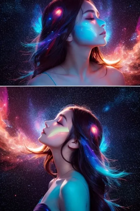 A surreal, ethereal woman with a starry cosmos texture covering her  face, blending seamlessly with nebulae, galaxies, and cosmic clouds across her body and face. Her flowing hair is illuminated softly, and her expression is calm and serene. The background...