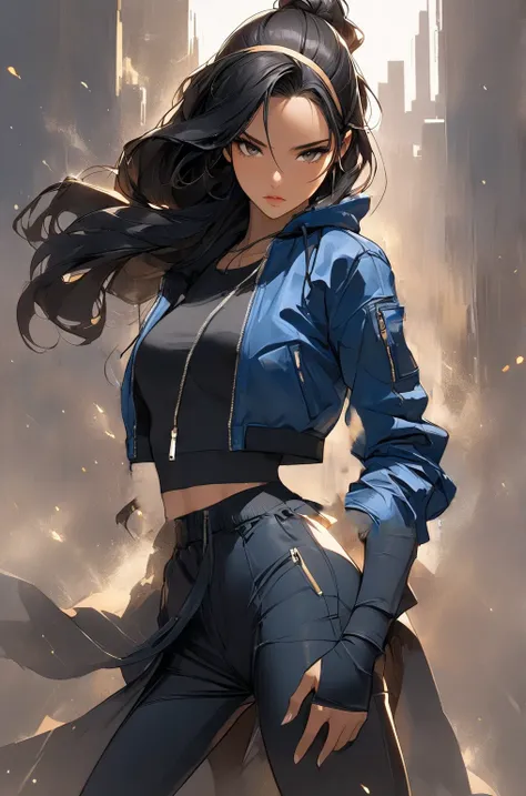 a stylish blue bomber jacket with hoodie over a fitted black crop top.