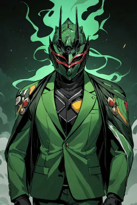 Masked rider R1, stronger in the nusantara, black green suit, grasshopper mutant theme. Masked rider over power black smoke, Lan emblems in left shoulders.