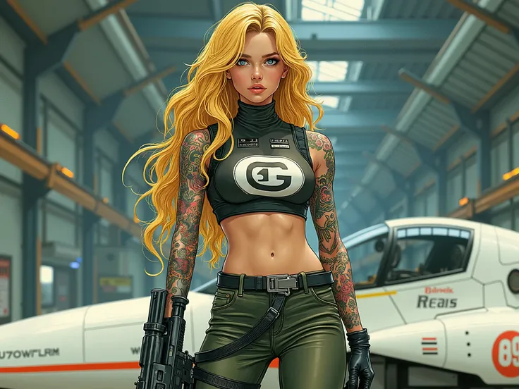 A fusion of the styles of Katsuya Terada, Range Murata, Akiman and JUNNY, make an image in a pop art style of a 30 year old female space trooper with long honey gold blonde wavy layered hair, wearing dark green jeans with webbing and a military crop top wi...