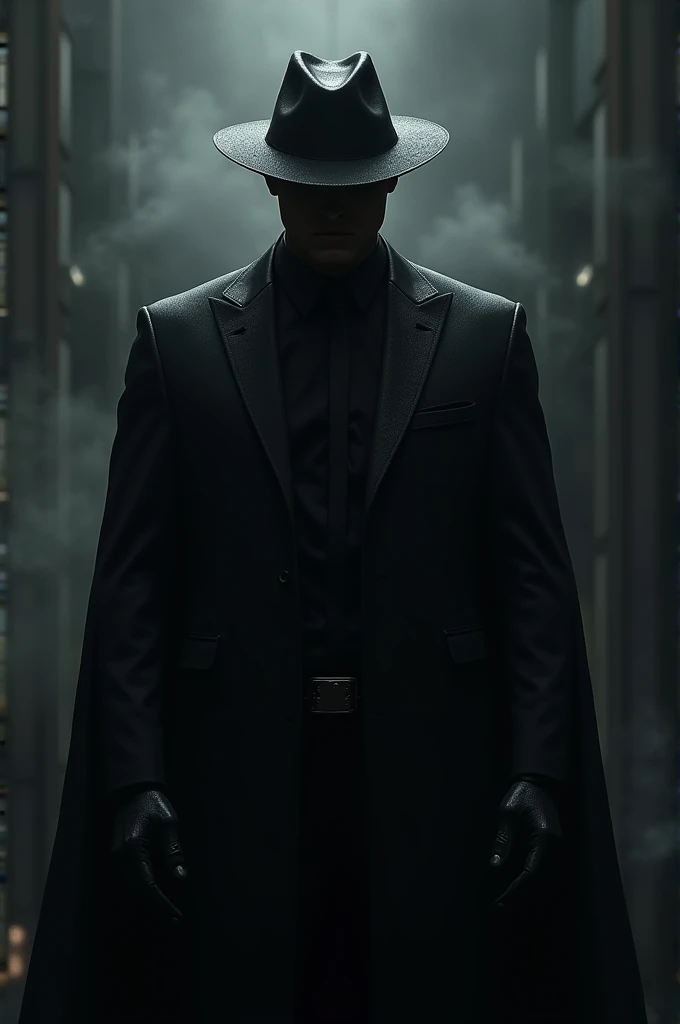 Super villain with an negative aura wearing a black cap and using a black suit 