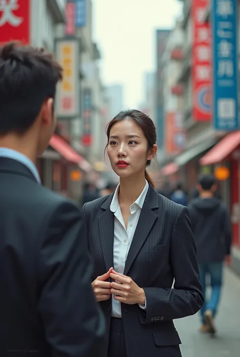 Recruiting Trends ,  Direct Sourcing ,  The interviewer is a female , Looking for the right talent for the company ,   The background is a place where Korean people walk,  Korean 