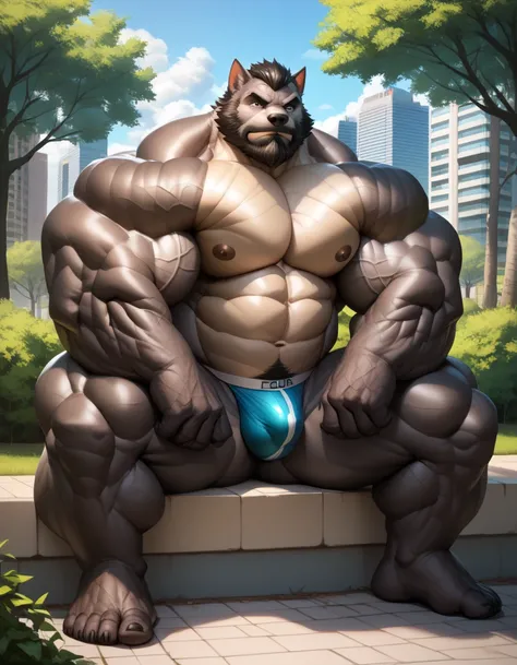 semi realistic, semirealistic:1.3, old, huge muscular, bara (furry wolf, black furr), sitting, park, fur, (huge muscular, mass, pectoral, huge pectoral, thick arms), strong physique, perfect anatomy, masterpiece, black beard, big eyes, solo, great lighting...