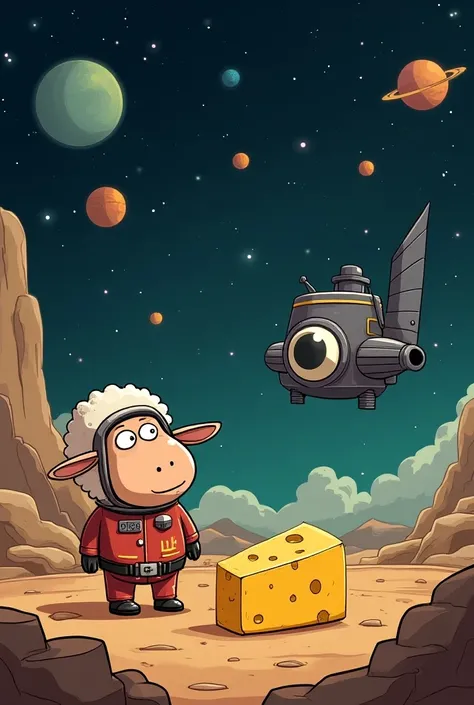 Create a cartoon parody inspired by 2001: A Space Odyssey, featuring a humorous take on the iconic elements of the movie. Imagine a sheep (or another animal) in a vintage astronaut suit, floating in space with a surprised expression, looking at a monolithi...