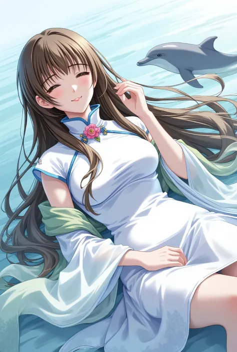 masterpiece、Best Quality、Brown Hair、Long Hair、solo、 white china dress、Flower Breast Brooch、 slit 、light green scarf、In the water、In the waterに浮く、smile、Dolphin、