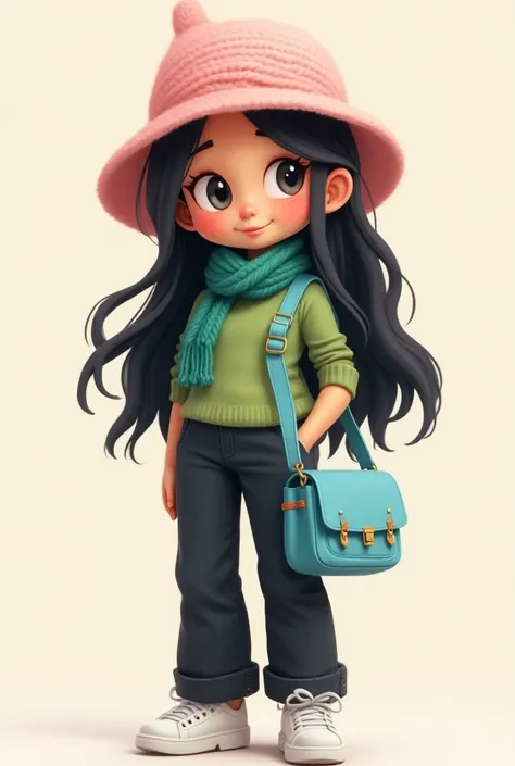 Cartoon Beautiful girl with black long hair, green four-scarf, wearing a light pink yarn hat, green long-sleeved T-shirt, blue shoulder bag, white strap, black trousers, white sneakers