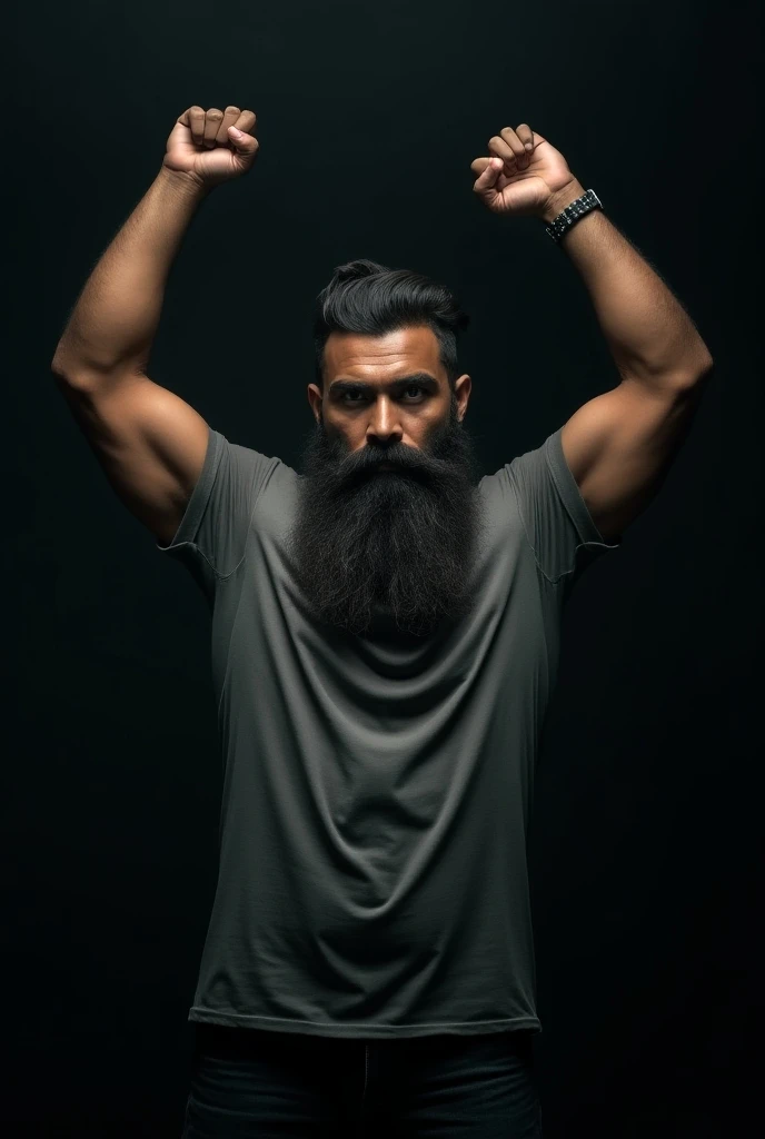 Make cenimatic image of India male beard hair owngrow his two hamds in air upper to lower position and background dark man shirt gray color  he looking straight and he is standing
