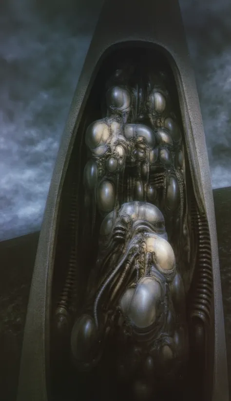 H. R. Gigers g1g3r, , Giger_style, The image is a detailed view of H.R. Gigers " HRG Vault IV " plate, featuring  is a classic piece of biomechanical art by H.R. Giger. , alien altarpiece (best quality:1.4), (Triadic:1.1), (Proportion:1.1),  , (Reflected l...