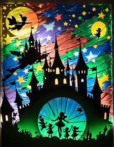 Shadow art using colored cellophane, Peter Pan themed shadow art, Peter Pan and Wendy flying through the stars, castles made of colored cellophane, shining stars