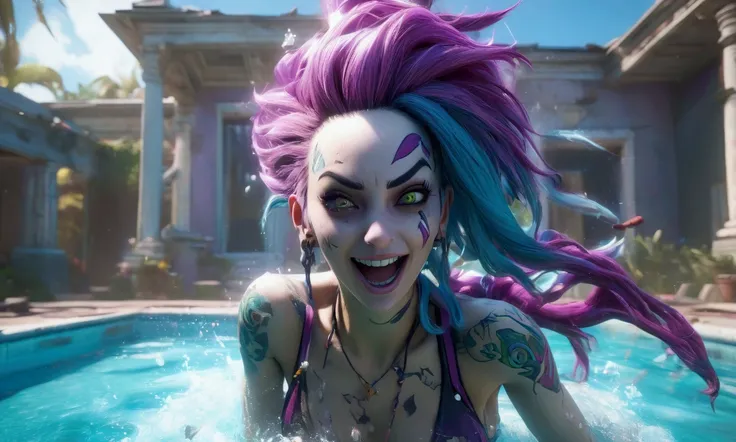 a female video game character Jinx, ghost white skin, wearing a sexy bikini, crazy face and hair, emerging from a swimming pool at a battle-damaged mansion, doing a sexy hair flip, highly detailed, 8k, photorealistic, studio lighting, dynamic pose, vivid c...