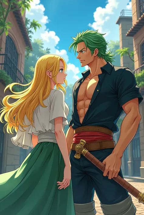 anime One Piece blonde man, pale and cutie with long hair and green eyes. With Roronoa Zoro.