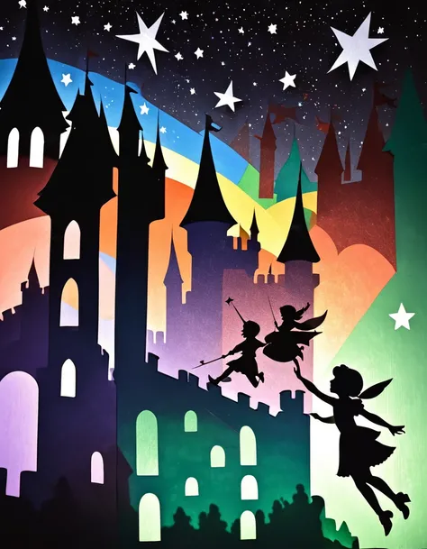 Shadow art using colored cellophane, Peter Pan themed shadow art, Peter Pan and Wendy flying through the stars, castles made of colored cellophane, shining stars