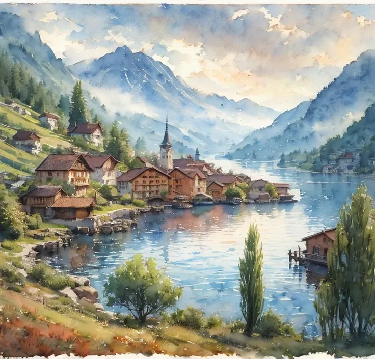 (masterpiece:1.2, Best Quality),( very detailed),(((watercolor))),8k, wallpaper,European Landscape,Old Town,(((透明watercolor)))