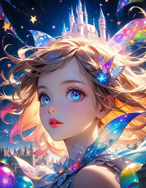 a girl in a starry night sky, peter pan and wendy flying through the stars, castles made of colored cellophane, shining colored cellophane stars, beautiful detailed eyes, beautiful detailed lips, extremely detailed eyes and face, long eyelashes, colorful f...