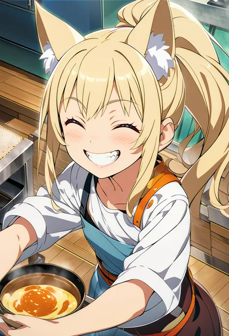 BREAK 1girl,18yo,solo,fox ears,blonde hair,ponytail,closed eyes,crazy smile,flat chest,BREAK A girl with fox ears is making curry.BREAK kitchen,detailed background,BREAK inspired by japan anime,Showa era,official art,official design,