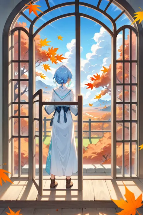  long light blue hair 、 twin-tailed little character picking chestnuts、A large serving of rice、Rice on the cheek、A delicious smile、A bright room with sunlight shining in、Outside the window is a landscape of autumn leaves