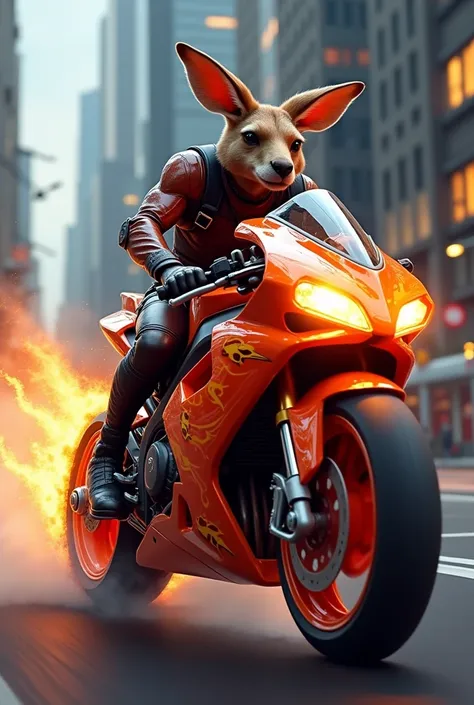 A biker kangaroo riding a fire sport bike 