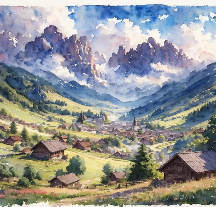 (masterpiece:1.2, Best Quality),( very detailed),(((watercolor))),8k, wallpaper,European Landscape,Old Town,(((透明watercolor)))