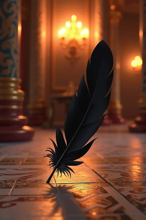 In 3 D animation style"The Single Black Feather: A detailed image of a black feather lying on the palace floor with candlelight reflecting nearby"